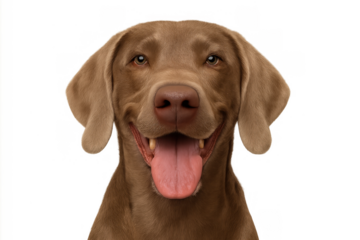 Weimaraner dog looking at camera with happy expression, tongue out in a warm portrait on transparent background