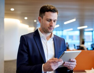 Confident Executive Using Tablet in Modern Office Setting