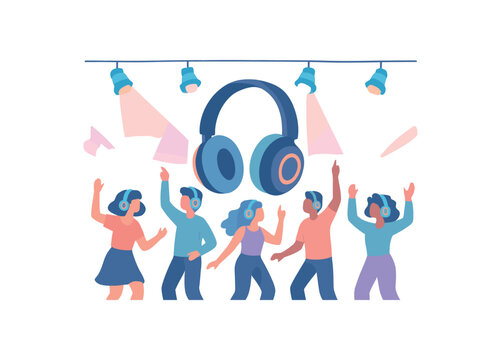 colored flat vector illustration of silent disco with headphones lights and dancing crowd cool pastel palette isolated on white background