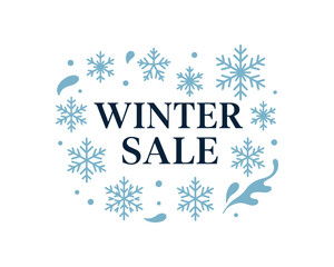 Flat vector illustration with text WINTER SALE minimal serif typography surrounded by snowflakes and abstract shapes elegant winter flat vector design isolated on white background