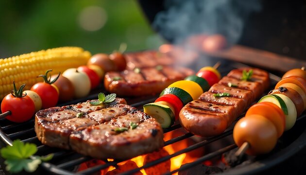 Barbecue Grill Loaded with Skewers of Grilled Chicken, Vegetables, Corn, and Sausages Over Glowing Charcoal