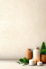 Minimalistic holiday still life with candles, ceramic vases and pine branches on a neutral background
