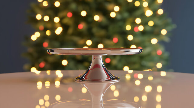 Empty Cake Stand with Festive Christmas Tree Bokeh Lights