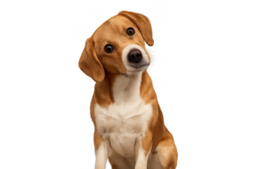 Curious beagle puppy tilting head, listening attentively, expressing interest and cuteness with transparent background