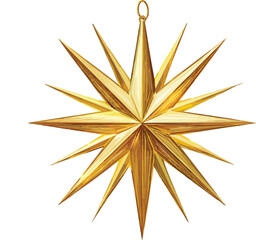 Golden Christmas star decoration with yellow sun shape and snowflake pattern illustration