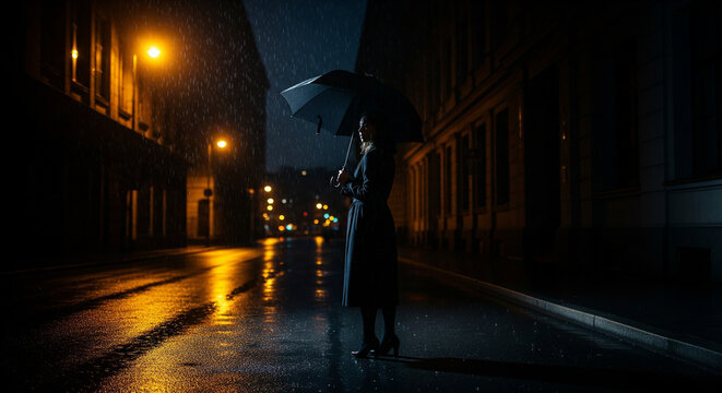 woman in the city at night with a black umbrella