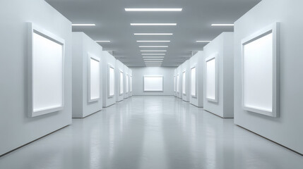 “Minimalist white art gallery featuring a single picture frame.”
