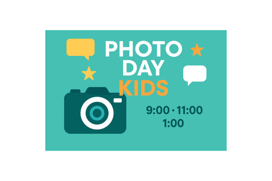 Flat vector banner for PHOTO DAY KIDS camera frames stars and speech bubbles modern palette clean headline time slots schedule