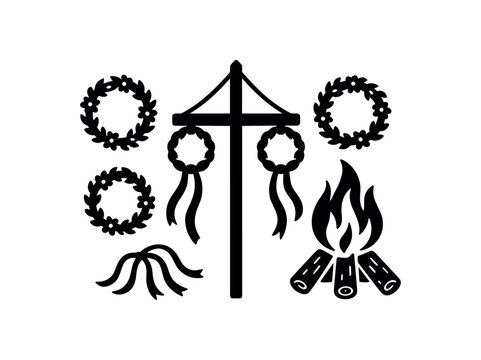 flat black vector illustration of midsummer celebration with wreaths ribbons and bonfire solid silhouette vector isolated on white background