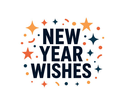 Flat vector illustration with text NEW YEAR WISHES condensed geometric font framed by sparkles and confetti minimal celebratory flat vector design isolated on white background