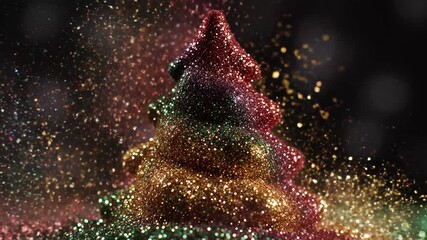 Glittery tree shape made of colorful sparkling particles against dark background with floating sparkles