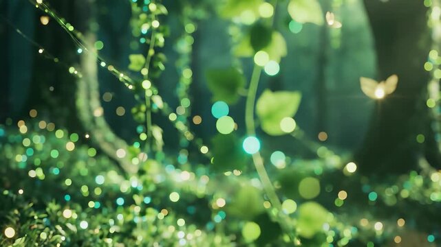 Whimsical forest setting with twinkling lights, floating balloons, and enchanted plants captures the essence of serenity and wonder, perfect for commercial applications requiring a peaceful.