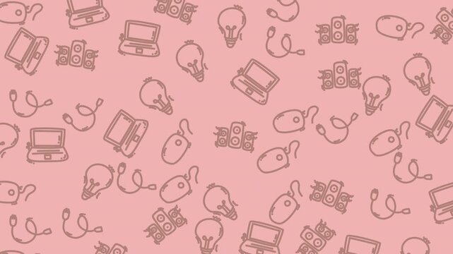 Seamless repeating pattern featuring a hand-drawn style outline of various technology and creative items, including laptops, computer mice, speakers, cables, and light bulbs