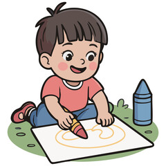 happy little boy drawing and coloring with crayons outdoors