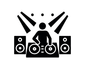flat black vector illustration of music dj party with turntables speakers and light beams silhouette vector design clear minimal layout isolated on white background