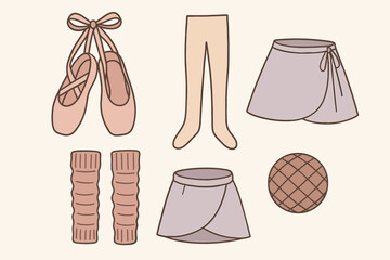 flat vector handdrawn soft palette clean outlines white background dance class ballet shoes tights wrap skirt leg warmers hair net no logos no gloss