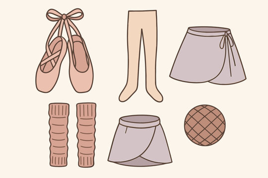 flat vector handdrawn soft palette clean outlines white background dance class ballet shoes tights wrap skirt leg warmers hair net no logos no gloss