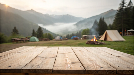 Wooden table background with free space and blurred forest camping scenery