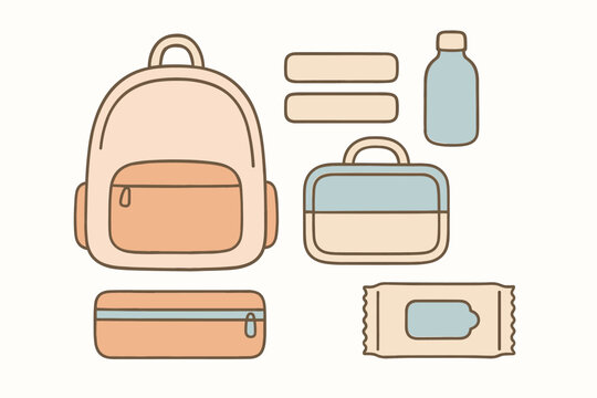 flat vector handdrawn soft palette clean outlines white background preschool pack small backpack lunch box water bottle name labels pencil case hand wipes no logos no gloss