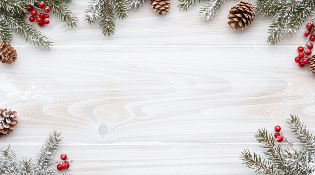 Christmas holiday background with a festive frame of snow-dusted fir branches. Pine cones and red berries on a white wooden table from a top view perspective