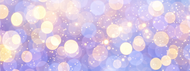 Obraz premium Festive bokeh background with purple and gold lights. Abstract Christmas and New Year holiday backdrop with shimmering sparkles. Magical celebration banner texture