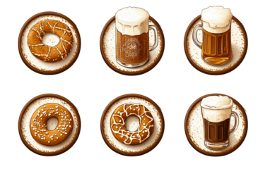 Creative arrangement of coasters decorated with pretzels and frothy beer for a fun festive gathering isolated on transparent background PNG