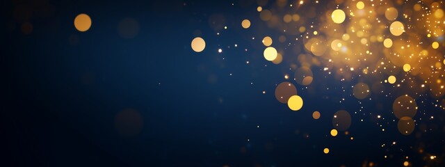 Festive holiday background with golden bokeh and glitter. Abstract Christmas and New Year design with sparkling lights on a dark blue backdrop