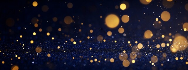 Abstract festive background with gold glitter and blue texture. Golden bokeh lights for a christmas and new year celebration. Holiday party banner concept