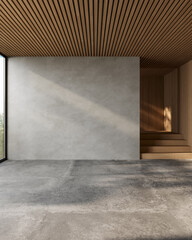 Minimalist interior with textured empty wall, concrete floor and warm wooden finishes, sunlight softly hitting the space, perfect for mockups or background use, 3d render.
