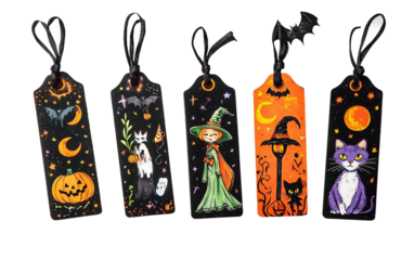 Artistic layout of bookmarks showcasing mystical creatures perfect for spooky seasonal reading enjoyment isolated on transparent background PNG
