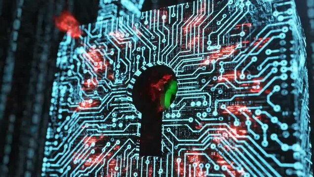Cybersecurity in the Digital Era: a glowing circuit board shaped in lock represent online safety, the potential vulnerability to cyber threats and the intricate network of data protection.
