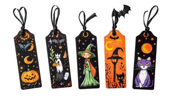 Artistic layout of bookmarks showcasing mystical creatures perfect for spooky seasonal reading enjoyment isolated on transparent background PNG