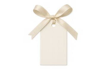 Blank gift tag with cream ribbon bow for text or price, representing sales, promotions, and special occasion messaging