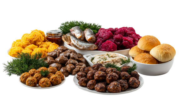 Artistic display of Scandinavian Christmas foods arranged for a classic julbord celebration isolated on transparent background PNG