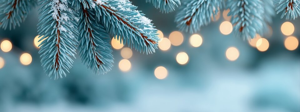 Winter holiday background with snowy fir tree branches. Festive Christmas and New Year scene with blurred golden bokeh lights