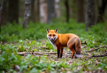 A Red Fox walking in the woods