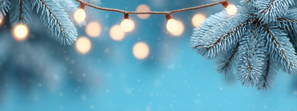 Festive Christmas background with blue fir tree branches and glowing lights. Winter holiday scene with falling snow and bokeh. Banner with copy space for text