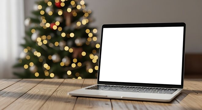 Open laptop with blank screen on wooden desk with blurred festive Christmas tree background