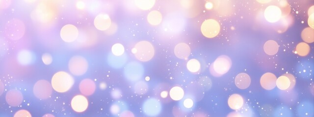 Festive abstract background with purple and blue bokeh lights. Shimmering glitter and sparkling particle effect for a holiday celebration banner