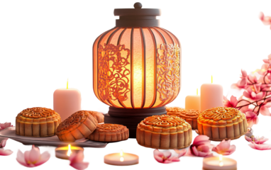 Artistic arrangement of a glowing lantern as the focal point of a seasonal or festive tabletop display isolated on transparent background PNG