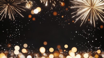 Golden fireworks exploding on a dark night sky. Festive celebration background with bokeh lights for a New Year's Eve or holiday party