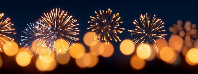 Golden fireworks exploding in the night sky. Festive holiday celebration background with bokeh lights. New Year's Eve or Fourth of July concept