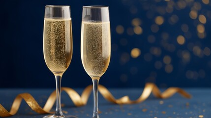 Two glasses of sparkling champagne for a festive celebration. New Year's Eve party toast on a blue and gold background