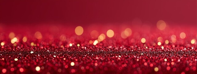 Red glitter texture with sparkling lights. Festive abstract background with bokeh for christmas or valentine's day. Wide panoramic banner format