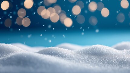 Sparkling snow on a festive winter background with golden bokeh lights. Christmas holiday scene with falling snowflakes against a blue night sky