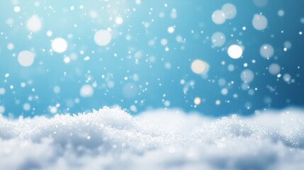 Fototapeta premium Winter background with falling snow and soft bokeh. Fresh snow on the ground against a blue backdrop. Christmas and holiday seasonal concept