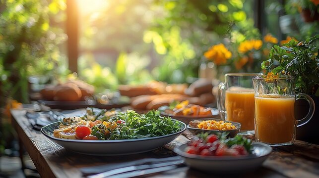 Outdoor garden breakfast feast