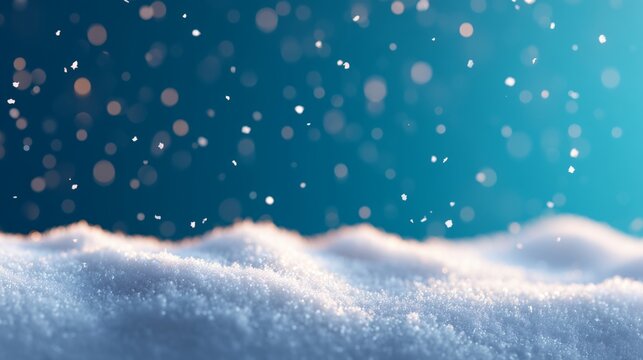 Falling snowflakes on a sparkling snowdrift. Winter holiday background with blue bokeh lights. Christmas and New Year festive scene