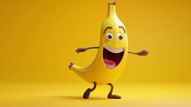 Animated banana character with a joyful expression on a vibrant yellow background
