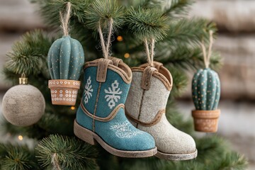 Unique southwestern themed Christmas tree decorations featuring handcrafted cowboy boot ornaments in turquoise burlap fabric